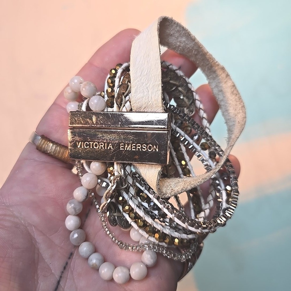Victoria Emerson Multi Strand Boho Cuff Bracelet White Gold Tone 7 Inch Magnetic